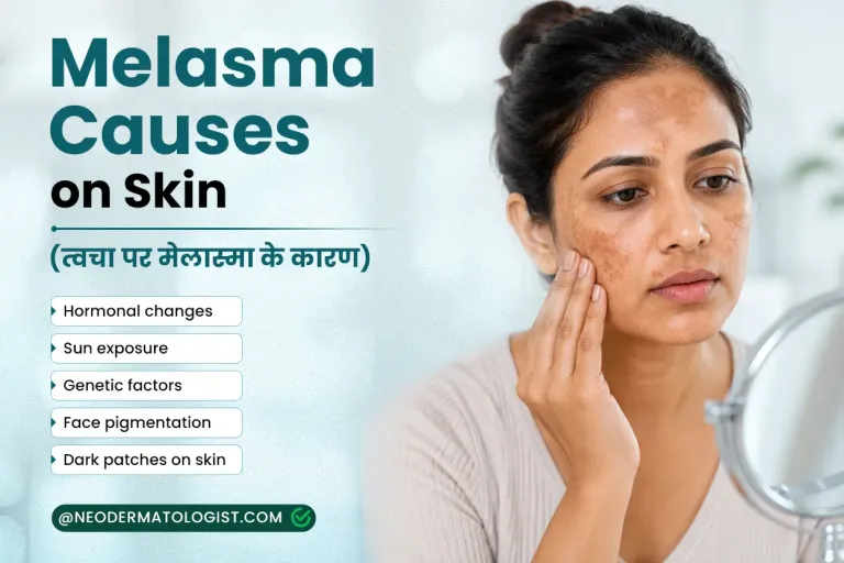 त्वचा पर मेलास्मा के कारण और मेलास्मा क्यों होता है, इसे दर्शाता चेहरा जिसमें गाल और माथे पर गहरे धब्बे दिखाई दे रहे हैं।