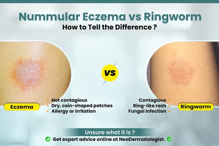 Nummular eczema vs ringworm - coin shaped eczema rash treated with dermatology care - effective treatment for nummular eczema vs ringworm through online dermatologist neodermatologist.com