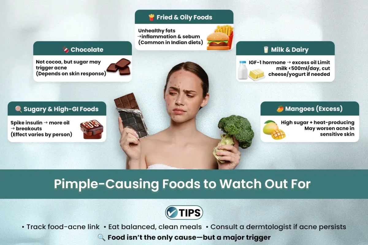 Pimple-Causing Foods - Sugary & High-GI Foods, Chocolate, Fried & Oily Foods,  Milk & Dairy, to  Mangoes (Excess).- Consult a dermatologist if acne persists
