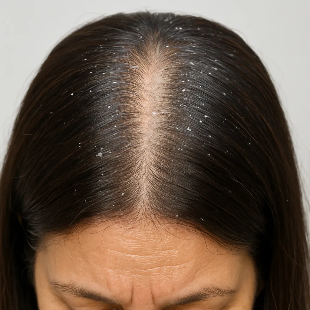 Before dandruff treatment showing visible white scalp flakes, severe dandruff, and scalp scaling before online dermatologist treatment.