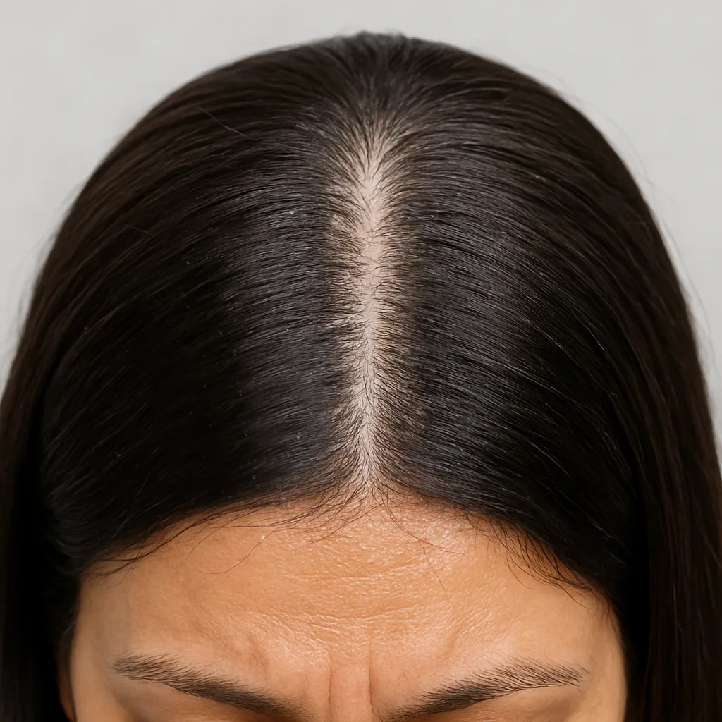 After dandruff treatment showing a cleaner, healthier scalp with significantly reduced dandruff flakes following online dermatologist treatment.
