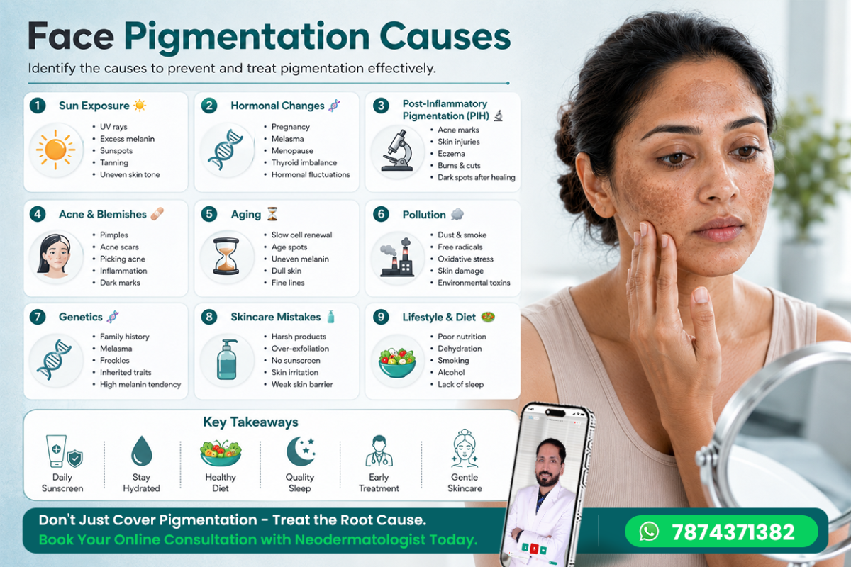 Face pigmentation causes infographic showing sun exposure, hormonal changes, post-inflammatory pigmentation (PIH), acne, aging, pollution, genetics, skincare mistakes, and lifestyle factors. Learn the causes of facial pigmentation and take online melasma treatment from a dermatologist.