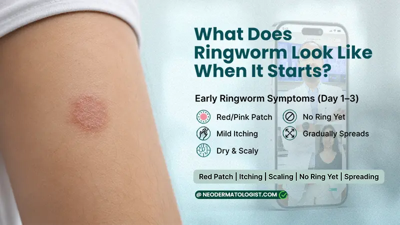 What ringworm looks like when it starts on the skin - Early ringworm may begin as a small red or scaly patch before developing a more defined ring-shaped border