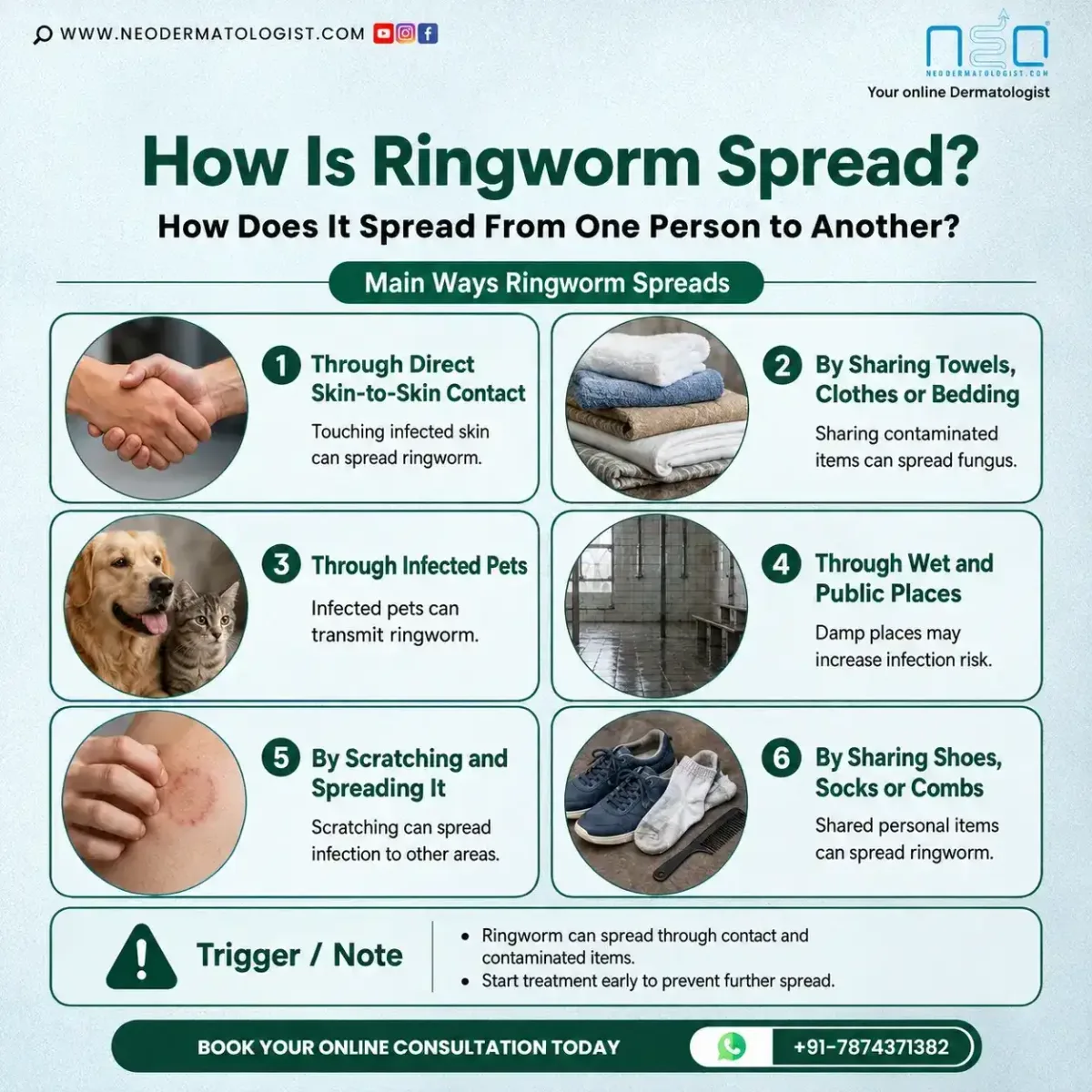 Know how is ringworm spread from one person to another and when its important to consult a dermatologist online to treat ringworm 