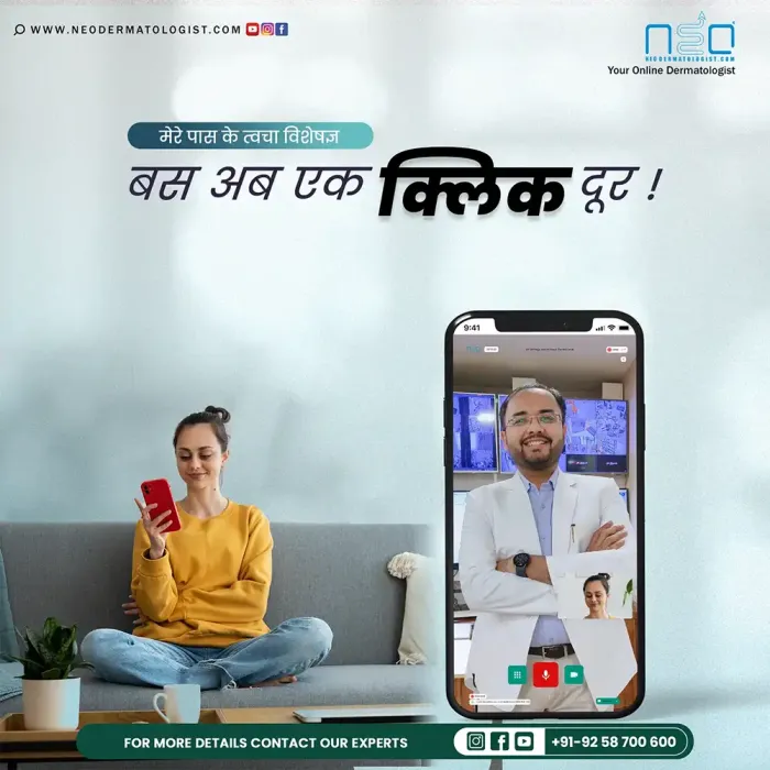 A person consulting a certified dermatologist online through chat or video call on NeoDermatologist for skin and hair treatment -  showcasing the ease of getting expert care from home.