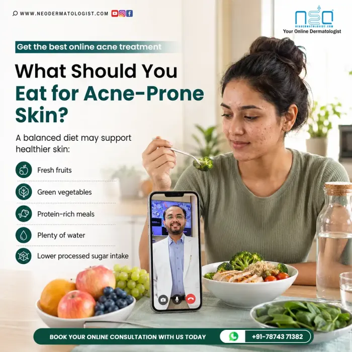 मुंहासे वाली त्वचा के लिए क्या खाना चाहिए? NeoDermatologist पर ऑनलाइन डर्मेटोलॉजिस्ट कंसल्टेशन के साथ हेल्दी डाइट टिप्स