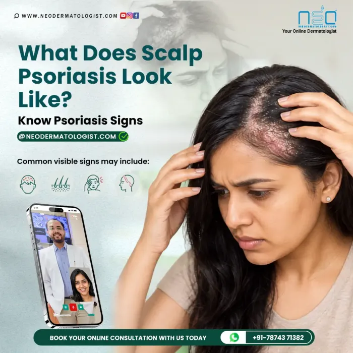 सोरायसिस के आम लक्षण (Psoriasis ke Lakshan) जैसे लाल सूजन वाले पैच, मोटी चांदी जैसी परतें, खुजली और स्कैल्प सोरायसिस का ऑनलाइन इलाज पाने के लिए ऑनलाइन डर्मेटोलॉजिस्ट से परामर्श करें।