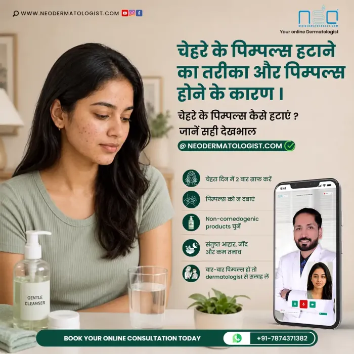 चेहरे के पिम्पल्स होने के कारण और हटाने के तरीके - सही स्किन केयर अपनाएं और बार-बार पिम्पल्स होने पर NeoDermatologist पर विशेषज्ञ डॉ. कर्म पटेल से ऑनलाइन परामर्श लें|