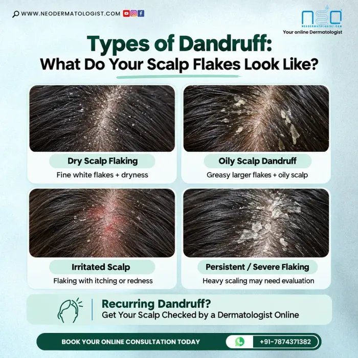 Types of dandruff explained with dry scalp flaking, oily dandruff, irritated scalp and severe flakes. Consult NeoDermatologist online for scalp concerns.