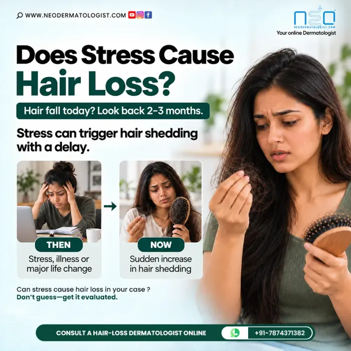 Does Stress Cause Hair Loss? Learn how stress can trigger delayed hair shedding and get expert online consultation from NeoDermatologist