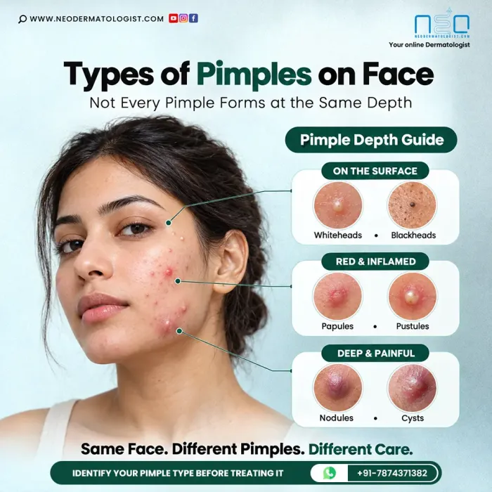 Types of Pimples on Face including whiteheads, blackheads, papules, pustules, nodules and cysts. Book an online consultation with NeoDermatologist for personalized treatment of different pimple types.