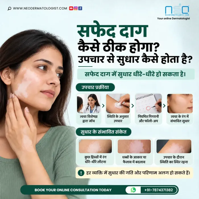 सफेद दाग कैसे ठीक होगा? त्वचा विशेषज्ञ द्वारा जांच, स्थिति के अनुसार उपचार, नियमित फॉलो-अप और विटिलिगो में त्वचा के रंग में संभावित सुधार की जानकारी - NeoDermatologist से ऑनलाइन कंसल्टेशन।