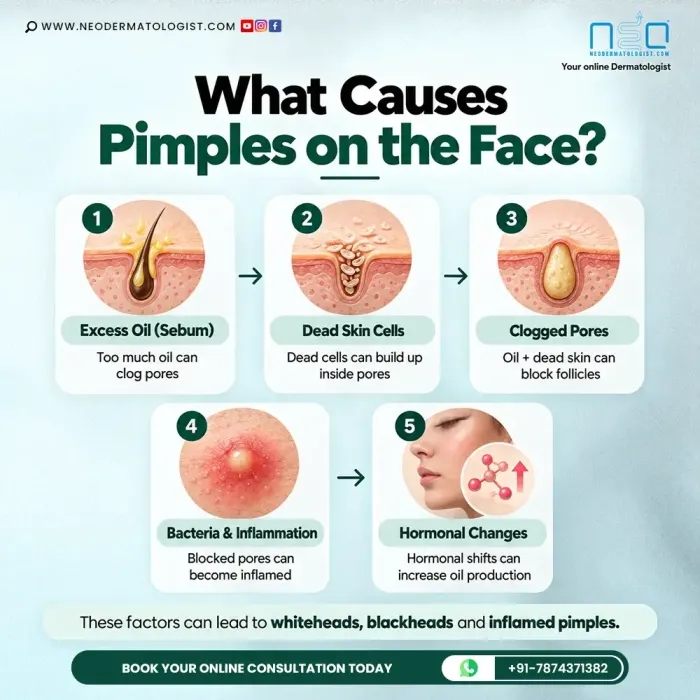 चेहरे पर पिंपल्स क्यों होते हैं? जानिए कैसे त्वचा में अतिरिक्त तेल (सीबम), मृत त्वचा कोशिकाएं, बंद रोमछिद्र, बैक्टीरिया, सूजन और हार्मोनल बदलाव चेहरे पर पिंपल्स का कारण बनते हैं। NeoDermatologist से ऑनलाइन डर्मेटोलॉजिस्ट परामर्श लेकर मुंहासों के उपचार के 