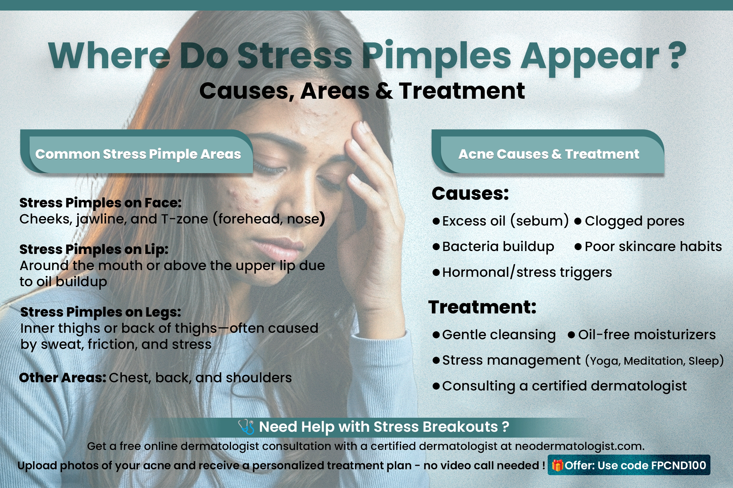 Common Stress Pimple Areas - Know the reason & get a free online dermatologist consultation with a certified dermatologist.