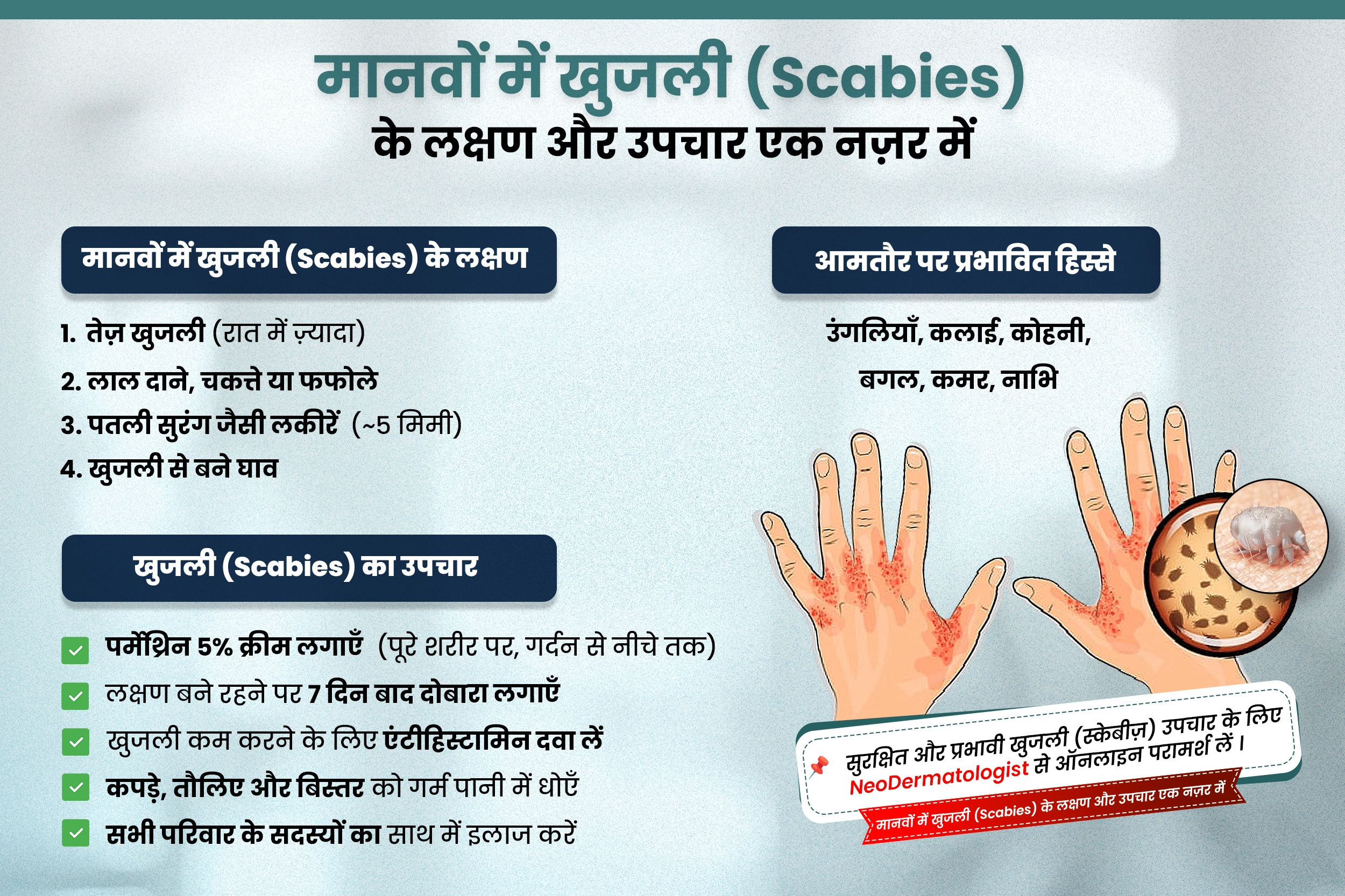  मानवों में खुजली (Scabies) के लक्षण और उपचार एक नज़र में