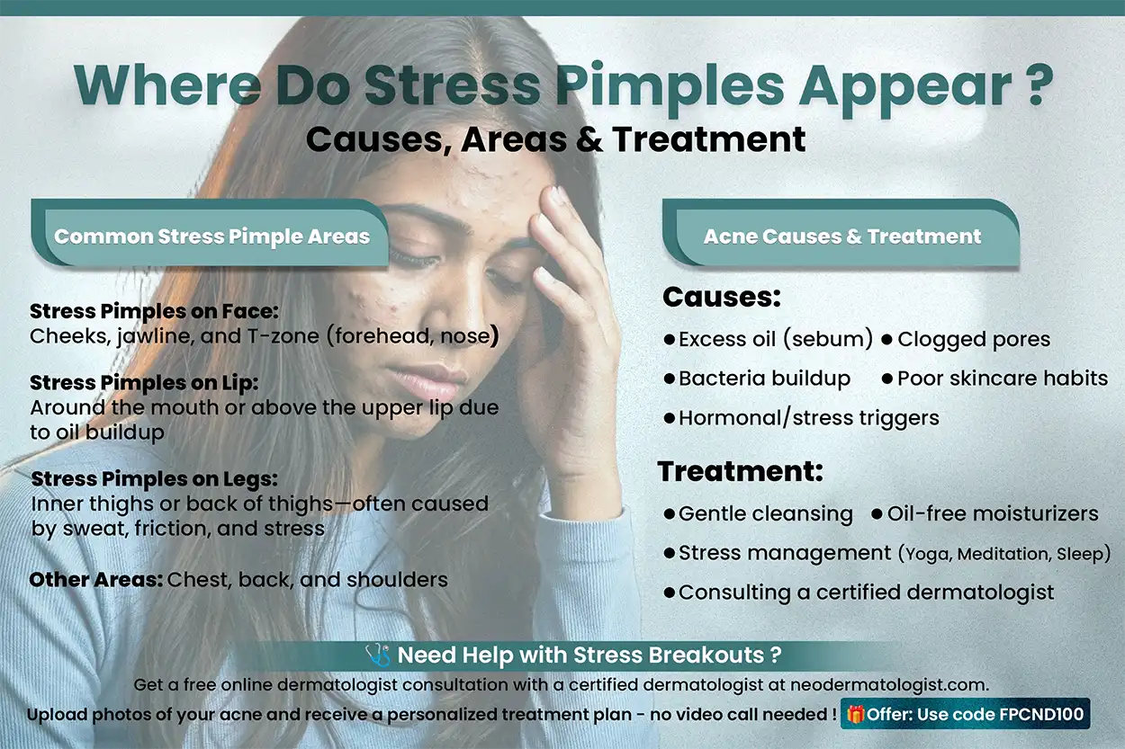 Common Stress Pimple Areas - Know the reason & get a free online dermatologist consultation with a certified dermatologist.