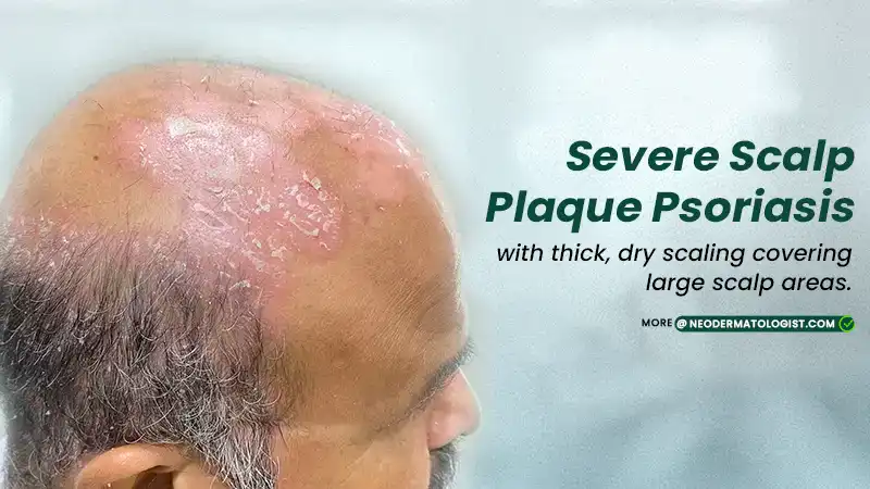 Severe scalp plaque psoriasis with thick, dry scaling covering large scalp areas