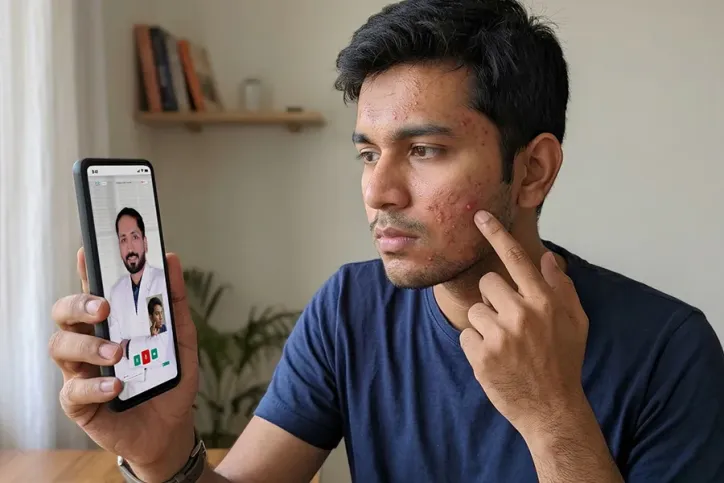 मुंहासों और ड्राईनेस के लिए ऑनलाइन स्किन केयर डॉक्टर से स्किन केयर कंसल्टेशन लेते हुए व्यक्ति